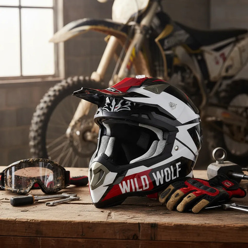 Casco Cross Enduro Mx Shiro Wild Wolf Carbono Rojo Sólido Brillante Xl
